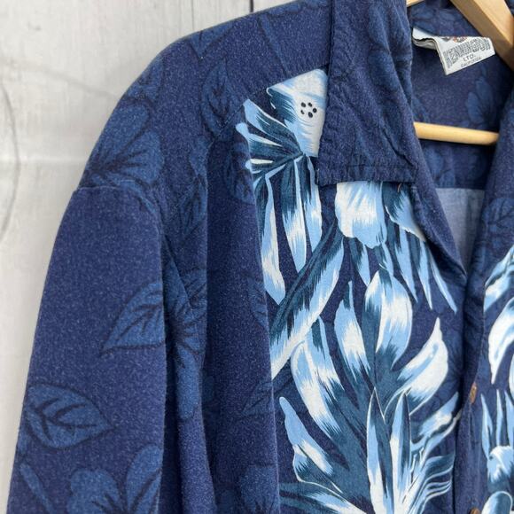 VINTAGE Kennington LARGE Blue Hibisicus Hawaiian Aloha Dad Shirt Button Up 90's - Picture 4 of 11
